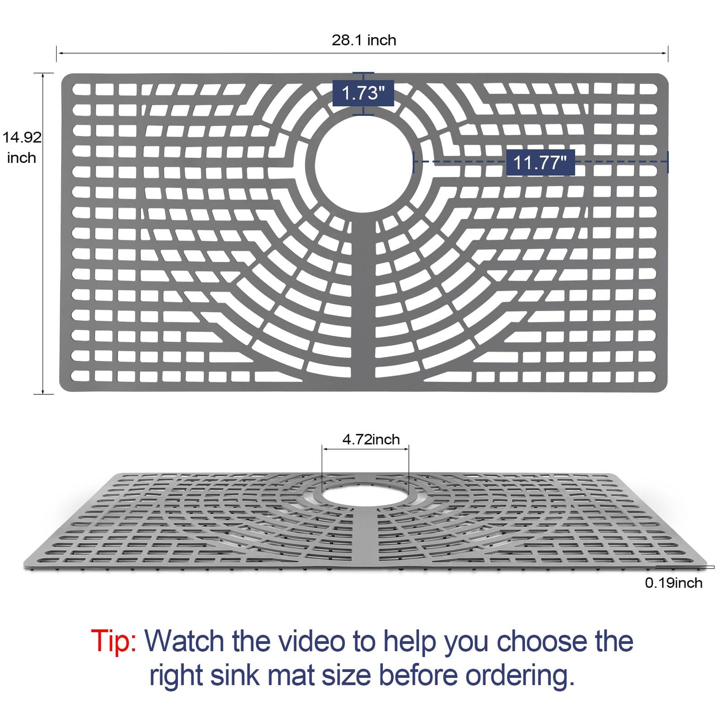 Snuggery Silicone Sink Protector 28"x15" Rear Drain Hole, Heat Resistant Non-slip Dishwasher Suitable, Large Mat for Bottom of Farmhouse Kitchen Stainless Steel Sink(Grey)