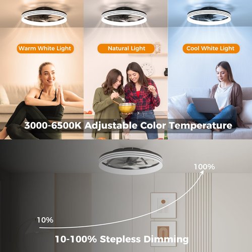 Aphyni Ceiling Fans with Lights and Remote, Low Profile Ceiling Fan, Modern Flush Mount LED Fan Light, 6 Wind Speeds Fandelier Ceiling Fan with Light for Bedroom, 3000-6500K Dimmable (18.6" Black)