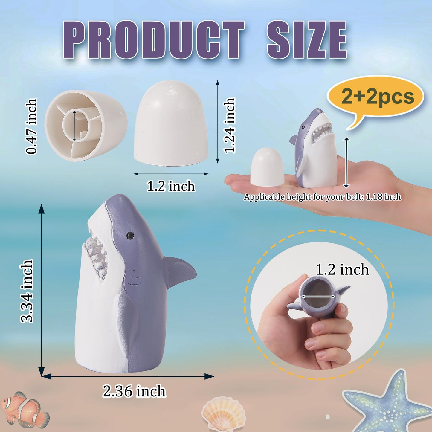 SRCVYLT 4 Pcs Toilet Bolt Covers Decorative, 2 Shark Toilet Bolt Caps with 2 Plastic Caps for Bottom, Cute Toilet Bolt Covers Set for Coastal Home Beach House, Easy to Install