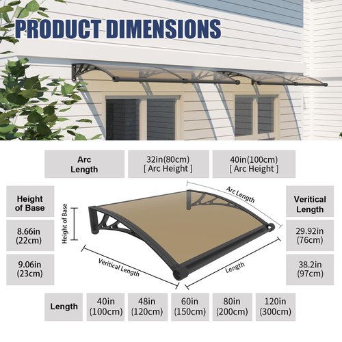 DAWNINGHOMM Door Awning Window Canopy, 40x40 Inch Awnings for Doors with Drainage,Porch,Patio,Deck,Solid Polycarbonate Sheet UV, Rain, and Snow Protection,Black Bracket & Brown Panel