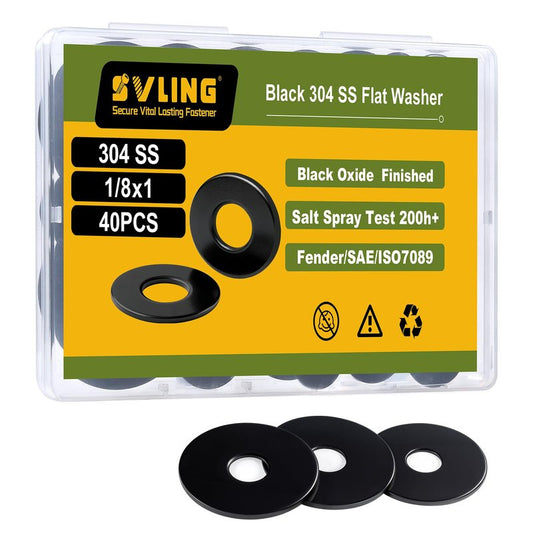 SVLING 40PCS 1/8" x1" Fender Washers, Black Oxide 304 Stainless Steel 18-8, 1/8" ID x 1" OD Hardware Flat Washers for Screws Bolts