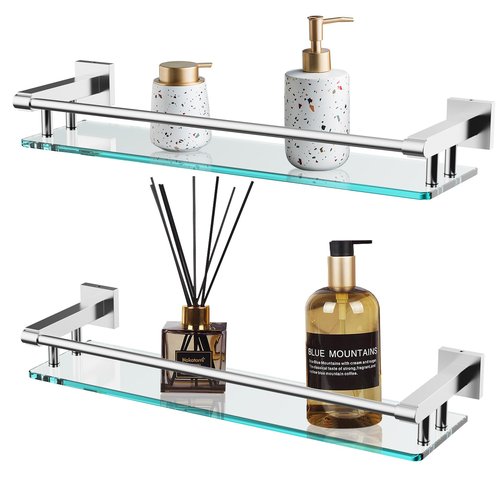 SFGSOWOR 20IN Glass Shelf for Bathroom Nickel Rectangular Stainless Steel Tempered Glass Modern Wall Mount Shelf Sink Over Toilet Bathroom Shelves (Brushed Nickel, 20‘’)
