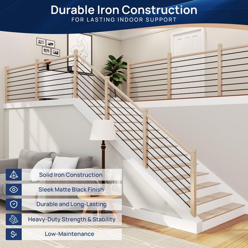 7 Pack 8 FT x 35/64 inch Iron Stair Balusters with 14mm Wood Drill Bit, Matte Black Hollow Horizontal Interior Baluster, Stair Railing Spindles for Indoor Staircase