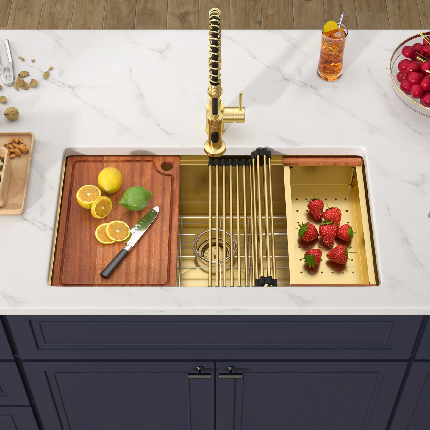 Donsdey 36 Inch Brushed Gold Undermount Workstation Kitchen Sink 36''x19'' Stainless Steel Single Bowl Undermount Large Capacity Sink with Luxury Accessories Handmade Deep Bowl Sinks