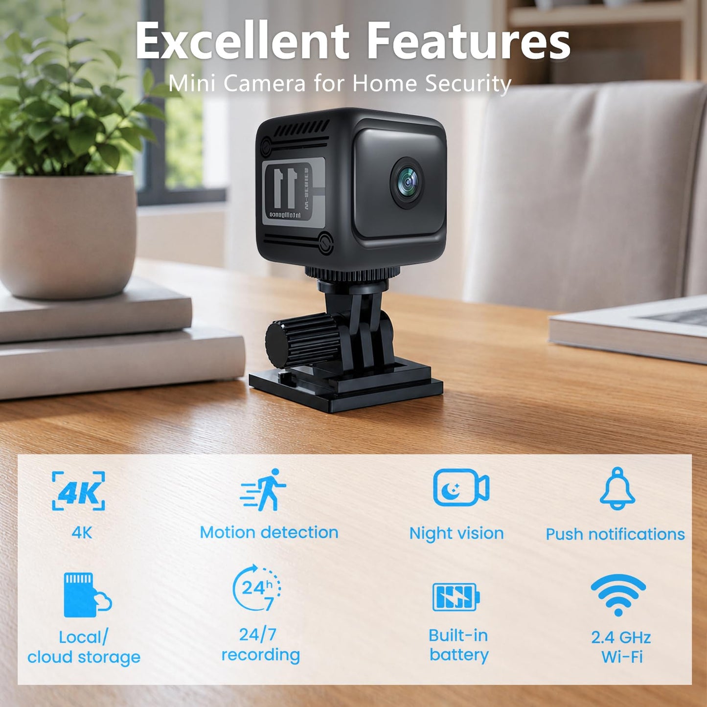 MDZUI Spy Camera Hidden Camera, 4K Mini Cameras with Motion Detection, for Nanny Cam Wireless Surveillance for Indoor Home and Office Black