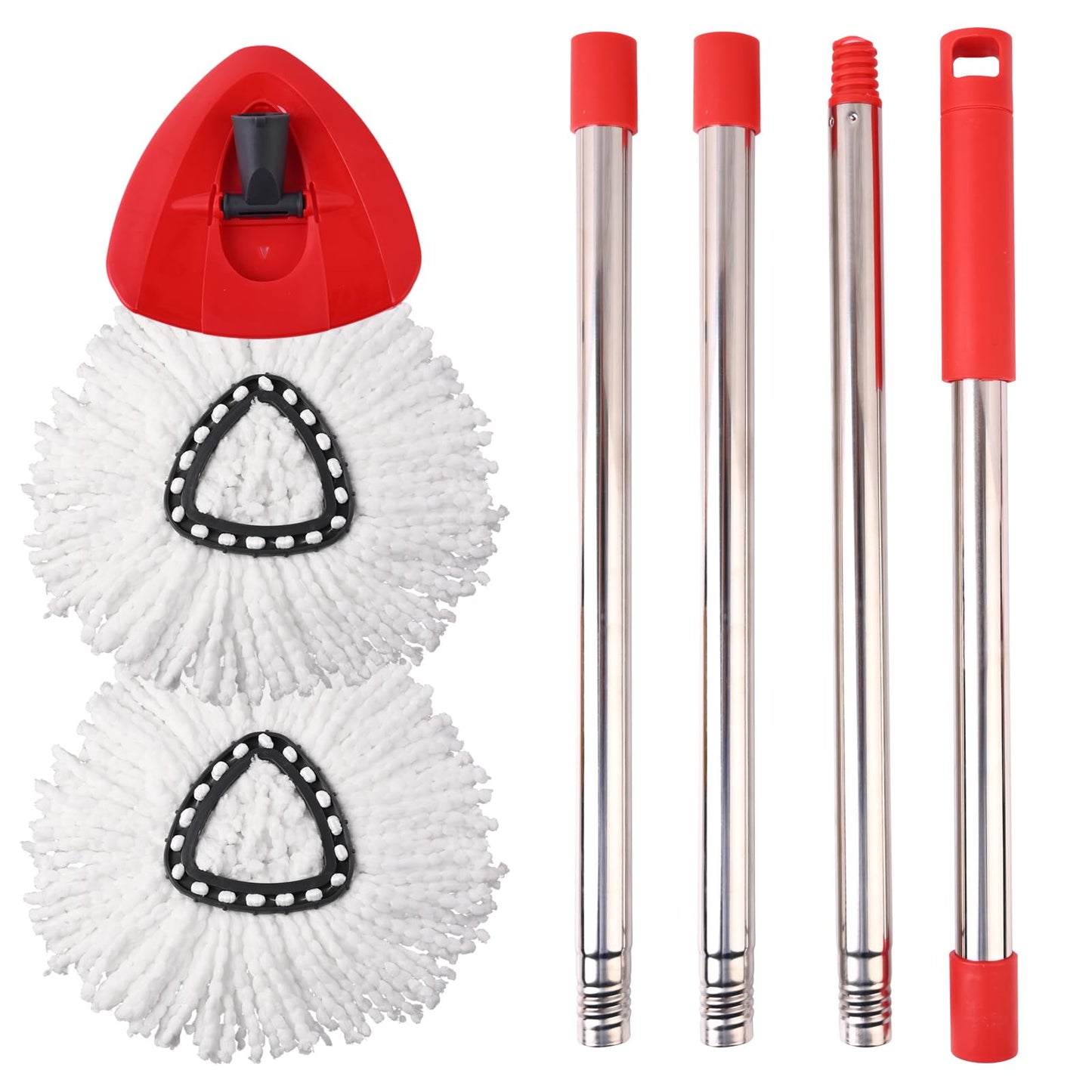 Jikefa Mop Replacement Heads, Handle, Base Compatible with O Cedar EasyWring 1-Tank Spin Mop System, 2 Microfiber Mop Head Refills, 4-Section Iron Handle 30-58in and 1 Spin Base Cover Set