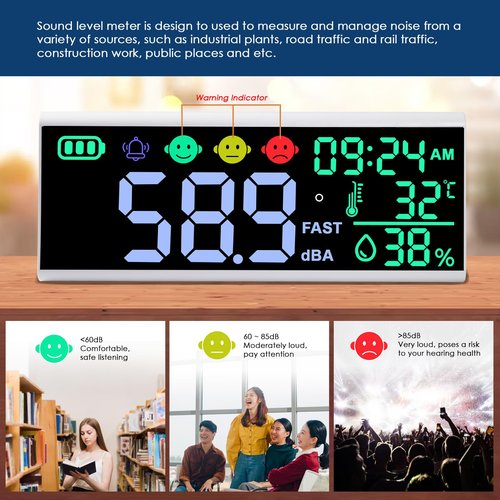 JuviPerpric 13 Inch Decibel Meter - Wall Hanging Sound Level Meter with Large LED Display, Noise, Temperature, Humidity, Time Monitor for Classroom