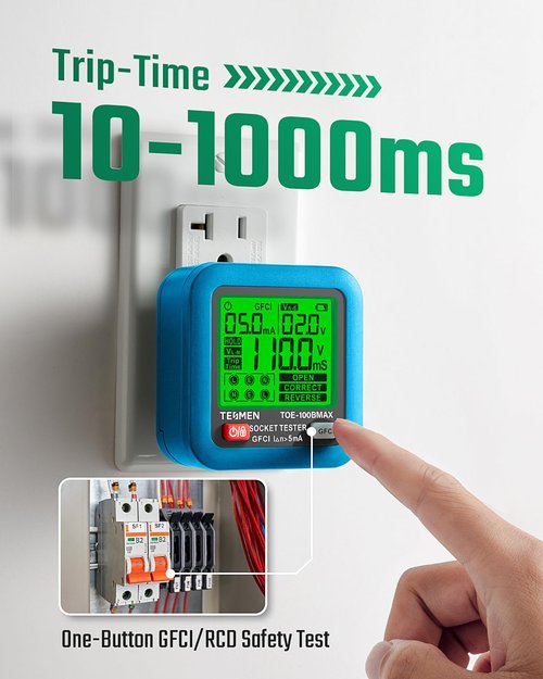 TESMEN TOE-100BMAX GFCI Outlet Tester with GFCI Trip Time Test, Backlit LCD, Data Hold, Voltage Tester, Receptacle Tester for Home & Daily Safety Checks - Blue