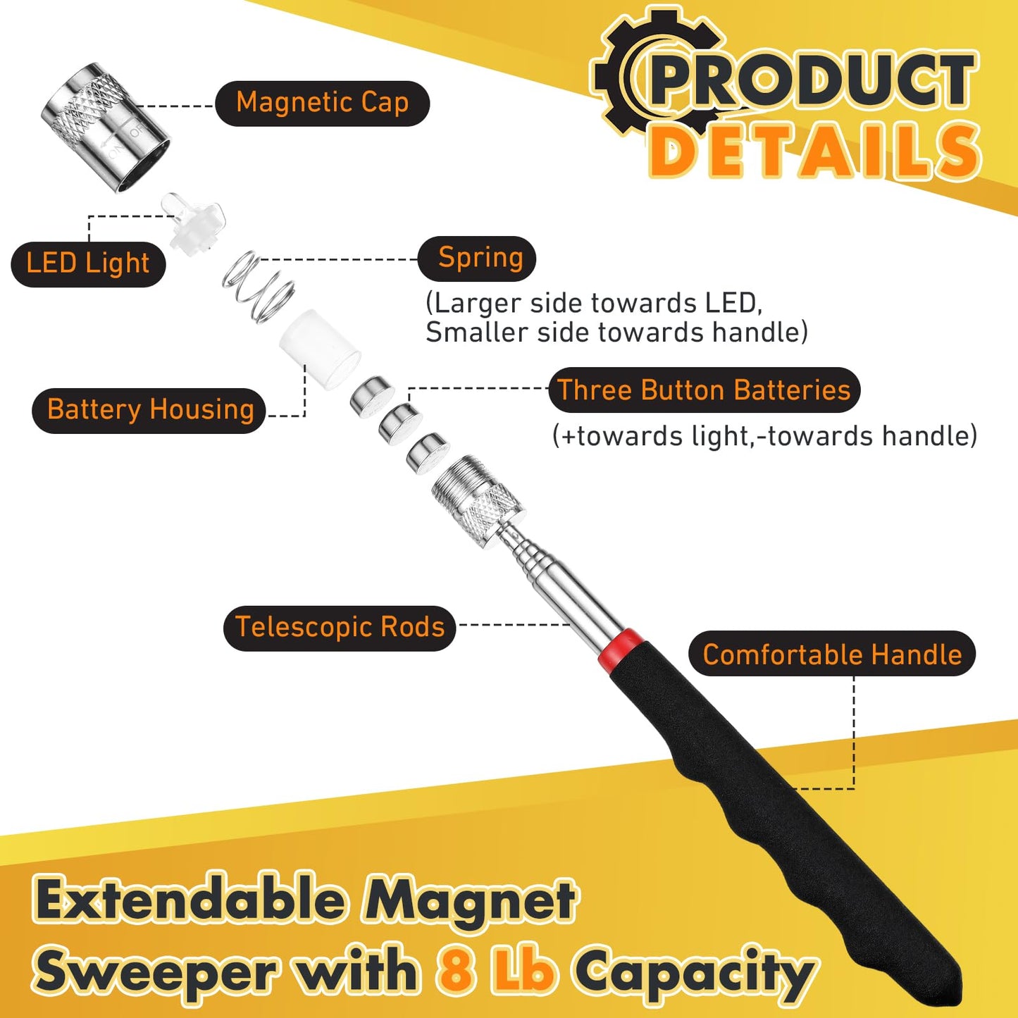 Lasnten Needle and Pin Retriever Telescoping Magnetic Pickup Tool with LED Extends to 31.1" Picks up Metal Sewing Notions Without Bending Over Extendable Magnet Pickup Tool