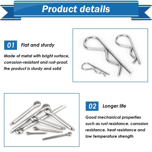 Eoppen Cotter Pin Assortment Kit 304 Stainless Steel 13 Sizes Hardware Pins & Hairpin R Clips for Hitch Pin Lock Systems
