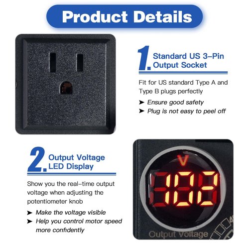 HARMNEE AC Motor Speed Controller 110-120V / 10A Rated / 15A Max, AC Electronic Voltage Regulator with Black-Coated Matt Metal Shell & Voltage LED Display Screen