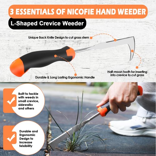 Nicofie 2025 Hand Weeder Tool, Rubber Handle Manual Weeder Puller Tool, Uprooting Weeding Tools, Crack Weeder Crevice, 4 Teeth Weeding Tool, Weeding Artifact Tool for Gardening(3 Pcs)