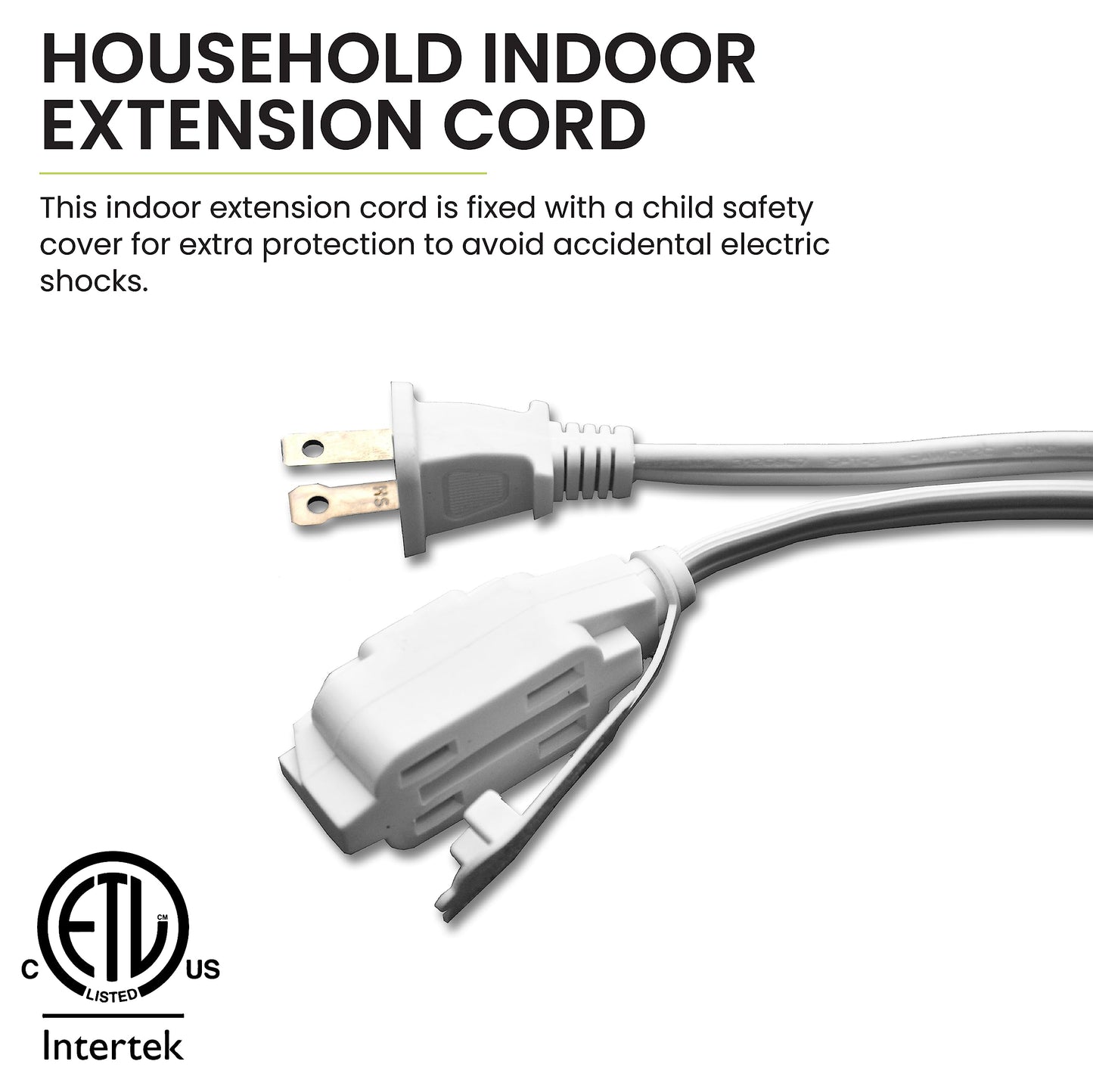 Go Green Power Inc. 20ft Household Extension Cord, White, 3 Outlets, 16/2, Indoor Use Only - Safe, Reliable, and Child-Safe Covers - Ideal for Everyday Electronics