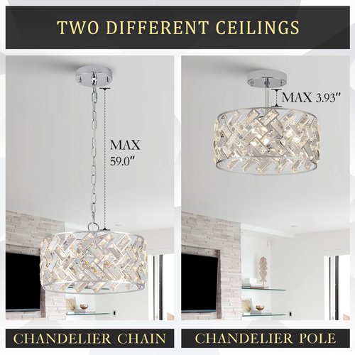 CATINER Chrome Crystal Chandeliers, 4-Light Modern Semi Flush Mount Ceiling Light, D12'' Small Round Crystal Hanging Pendant Light Fixtures for Dining Room Kitchen Island Entryway Hallway