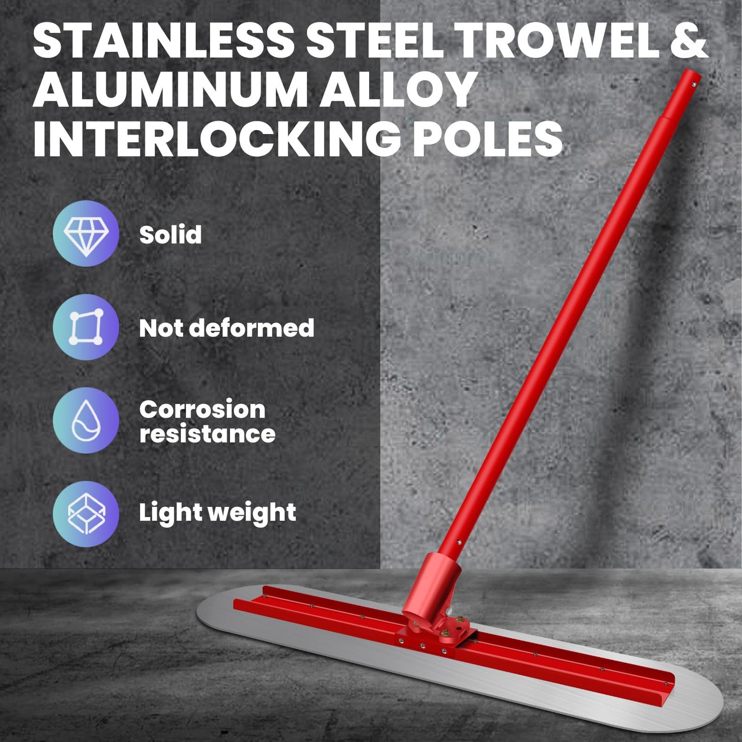 48"x 12"Fresno Concrete Trowel, Bull Float Concrete Tools Round End Stainless Steel Trowel Board with 4 Handles and All-Angle Bracket
