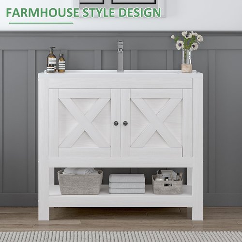 4ever2buy Farmhouse Bathroom Vanity with Sink, 35 Inch Bathroom Vanity Cabinet, Freestanding Vanity, 2 Doors and Open Shelf, Bathroom Cabinet with Ceramic Sink, White