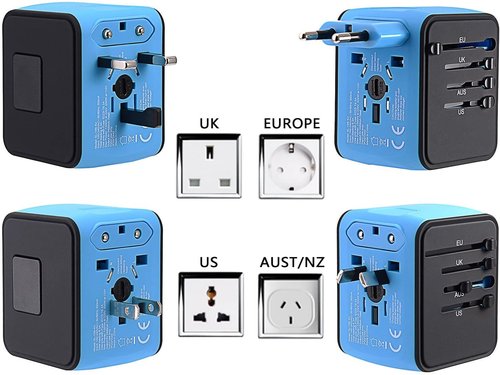 International Travel Adapter Universal Power Adapter Worldwide All in One 4 USB-A Ports Perfect for European US, EU, UK, AU 200+ Countries (Blue)