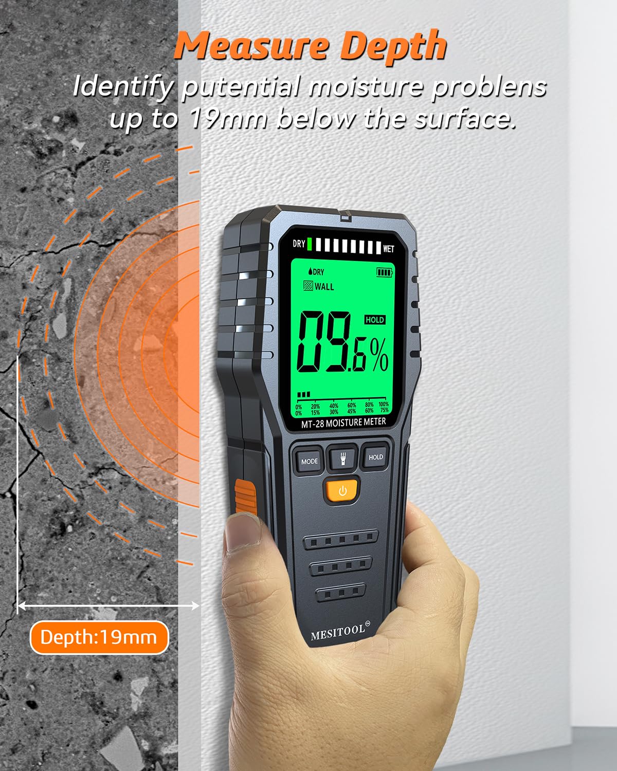 Pinless Moisture Meter MESITOOL Digital Moisture Meters for Wood Lumber Moisture Detector for Firewood Concrete Come with 9v Battery and Carry Bag (MT28)