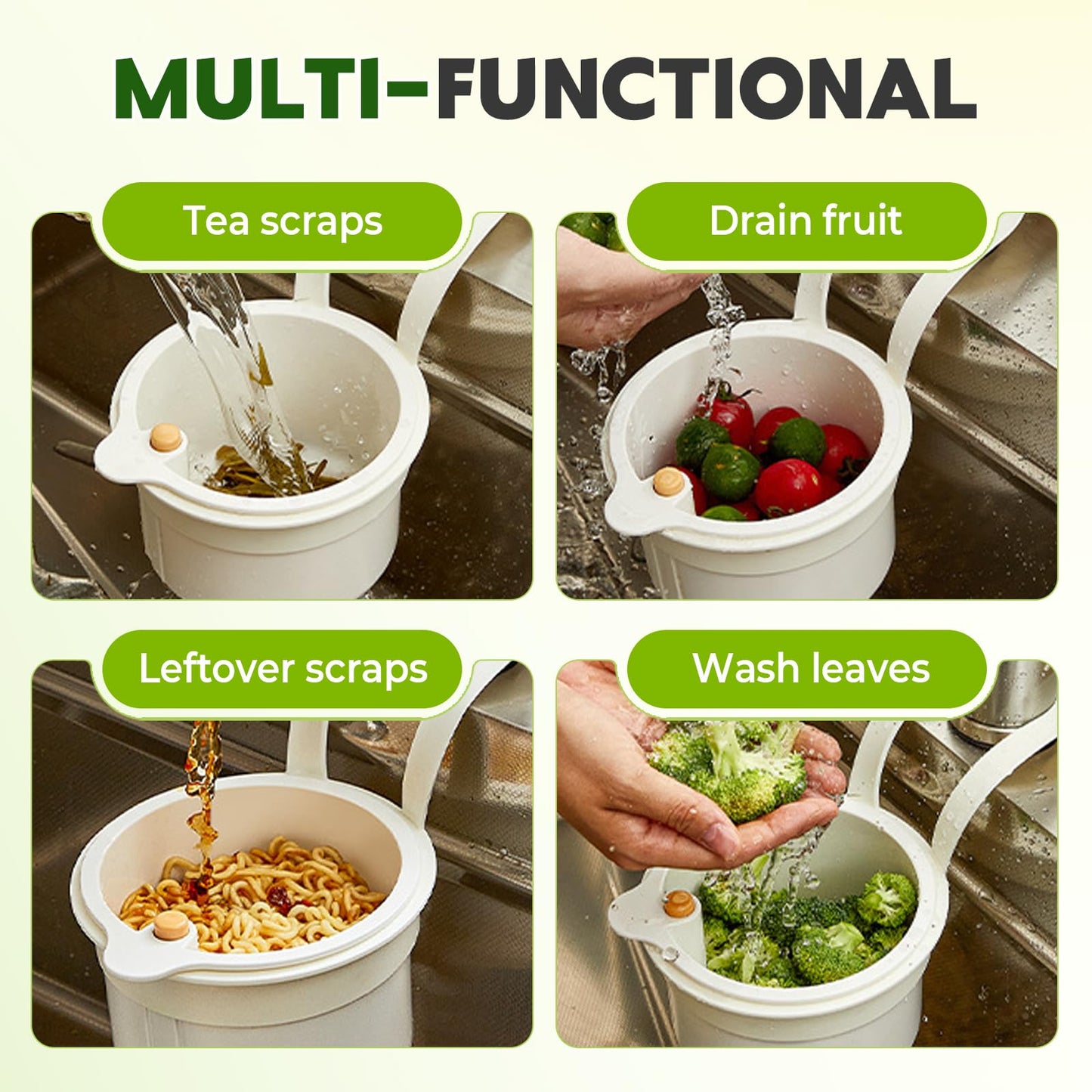 Multifunctional Drainage Basket, Kitchen Sink Food Waste Catcher Faucet Hanging Press Automatic Dumping Kitchen Draining Basket Faucet Hanging Strainer Basket with Automatic Dumping (Green, 1pcs)