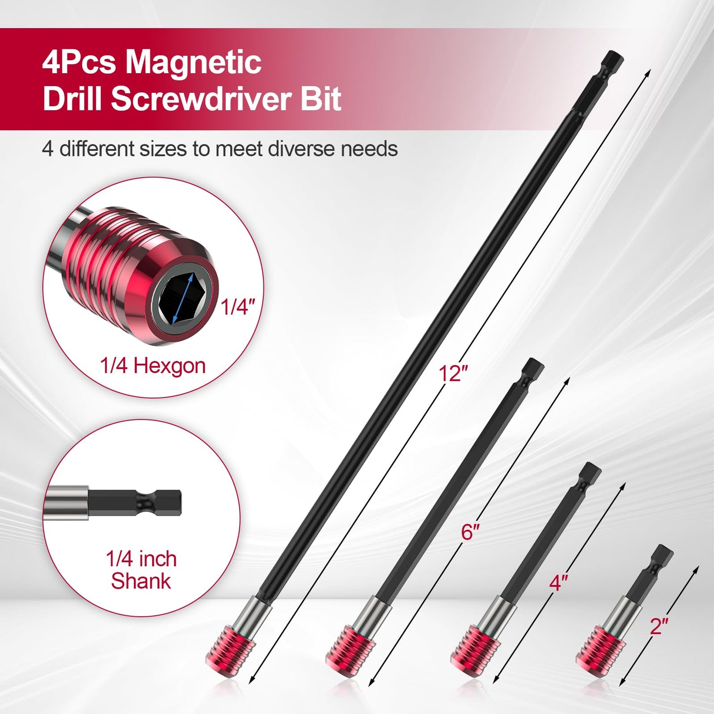 Buhobha 4PCS Drill Bit Extension Set, 1/4" Hex Shank Magnetic Bit Holder in 2", 4", 6", 12" Lengths, Cr-V Steel for Impact Driver, Screwdriver Bits, Nuts & Sockets