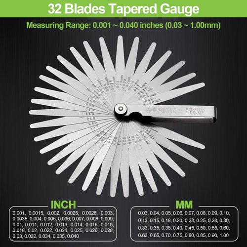 Spurtar Feeler Gauges 0.001-0.04" (0.03-1.00mm) 32 Blades Tapered Feeler Gauge Set Stainless Steel Dual Marked SAE and Metric for Measuring Gap Thickness or Width for Spark Plug, Valve, Piston, Guitar