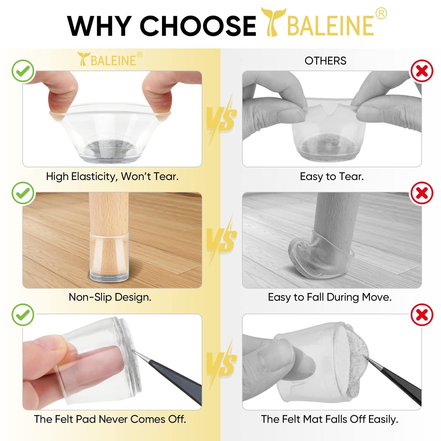 BALEINE Silicone Chair Leg Floor Protectors, Stool Leg Protectors Cap, Chair Leg Caps for Hardwood Floors (Clear-16pcs, Round S)