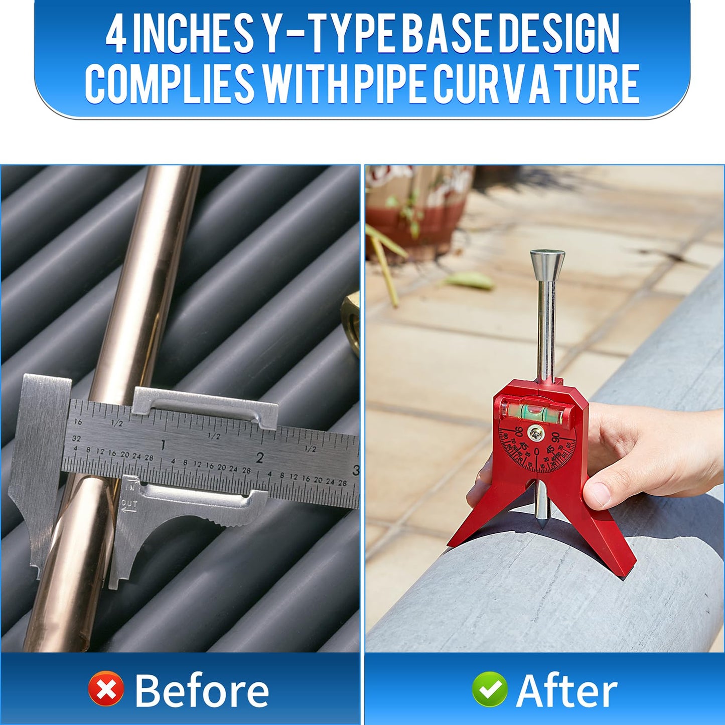 Yoopin Pipe Center Finder, Magnetic Centering Head Tool to Measure Pipe Diameter 0.5" to 4", Y-Shape Design with Adjustable Dial Bubble Protractor for Pipefitters & Plumbers（red）