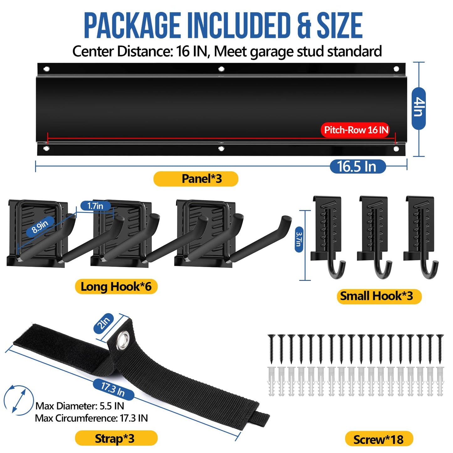Volitaous 48Inch Garage Garden Tool Organizer Wall Mount, Heavy Duty Garage Tool Storage Rack, Adjustable Mix 9PC Metal Hooks, Rake Hangers Yard Tool Organizer Rack, Max 300Lbs