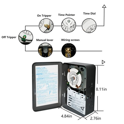T104 Electromechanical Timer Switch,40A Load Capacity,1-12 Cycles Per Day - Manual Override,Versatile Scheduling