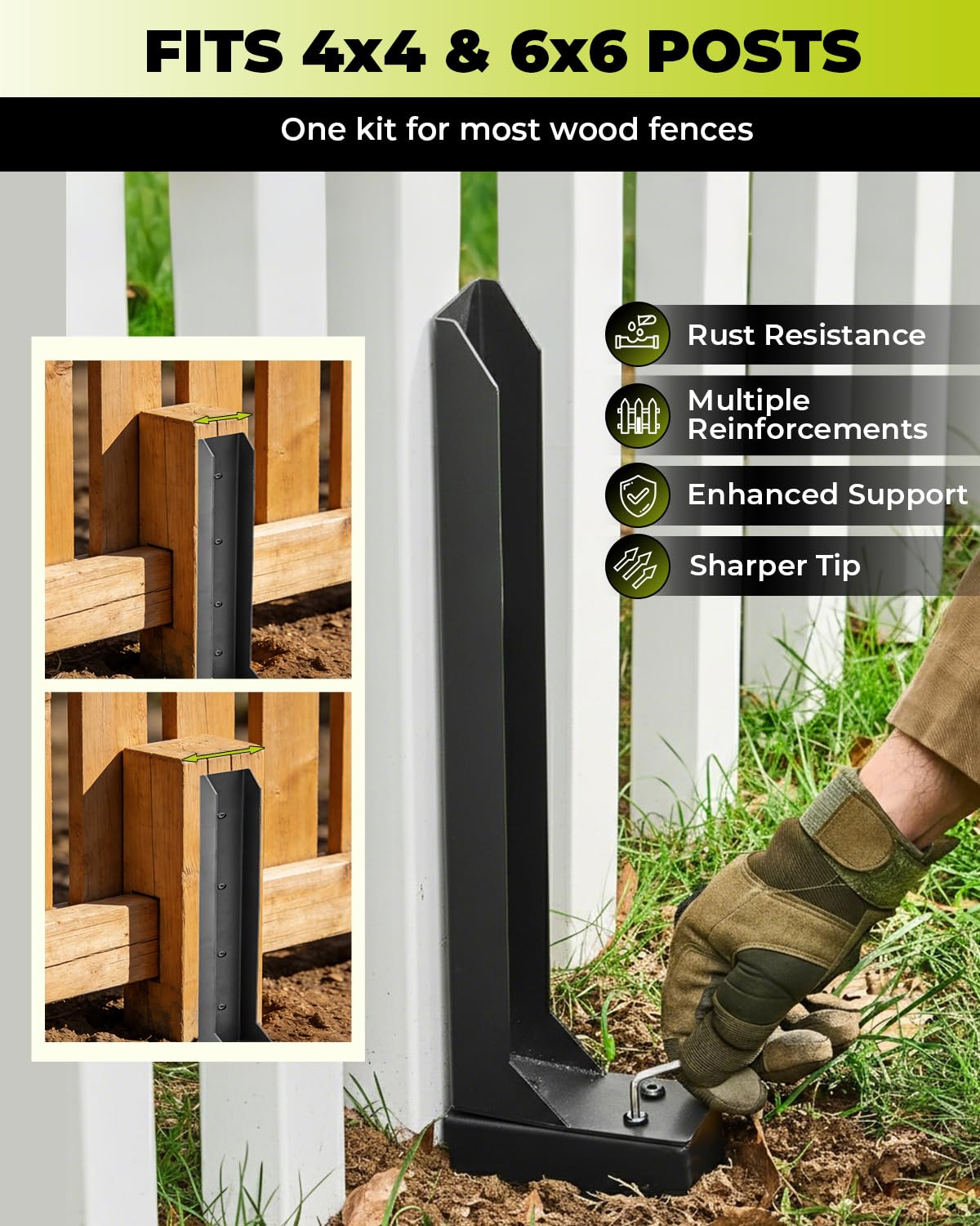 Saker Neo Fence Post Repair Kit – Heavy Duty Steel Fence Post Anchor for Leaning or Broken Posts, Fence Post stabilizer with Screws & Tool,32inch(2 pcs)