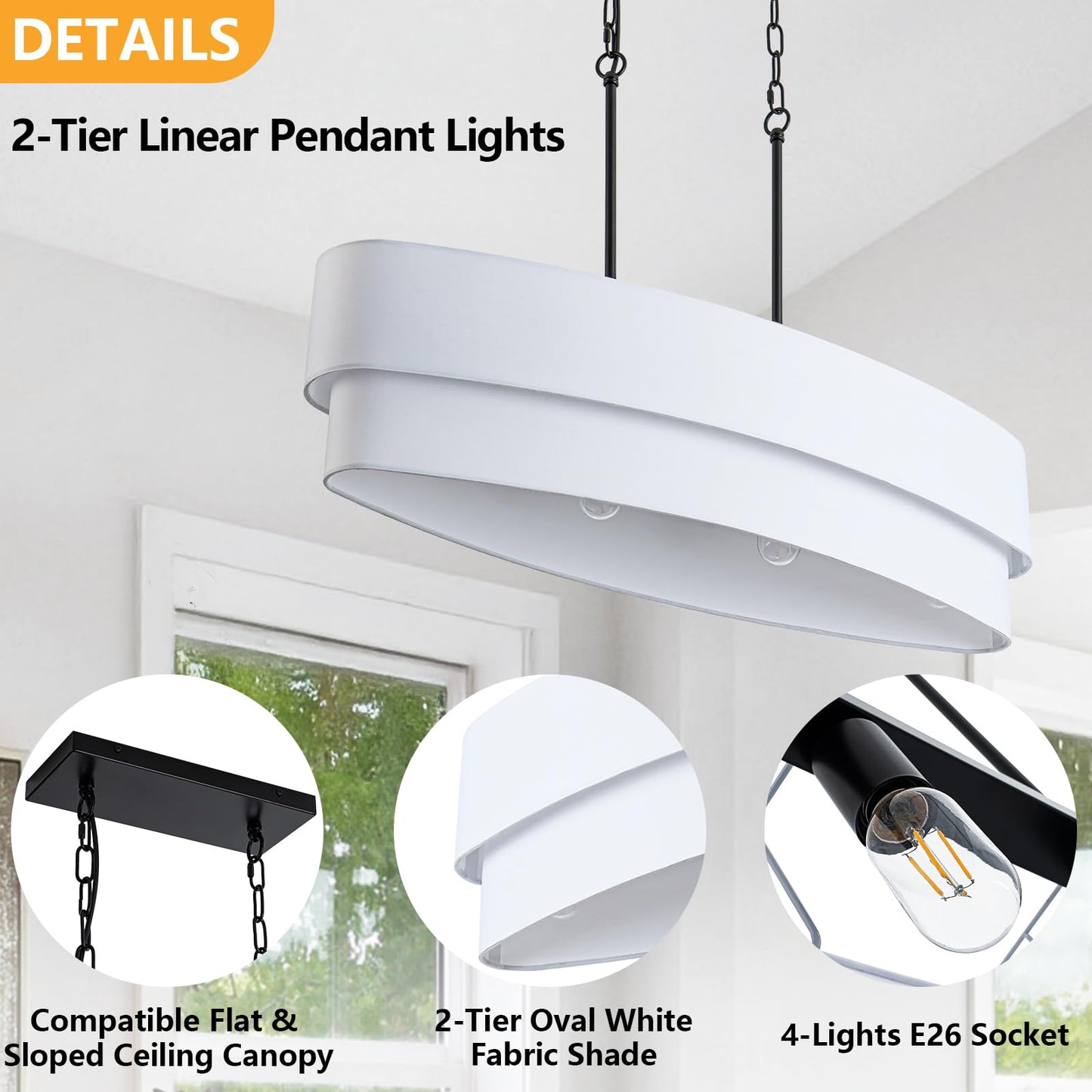 DWLGIGH 33.4" Modern Dining Room Chandelier, 4-Light Linear Chandelier with White Double Oval Linen Shade Large Hanging Pendant Light for Over Table Entryway Foyer Kitchen Island Light Fixture, E26