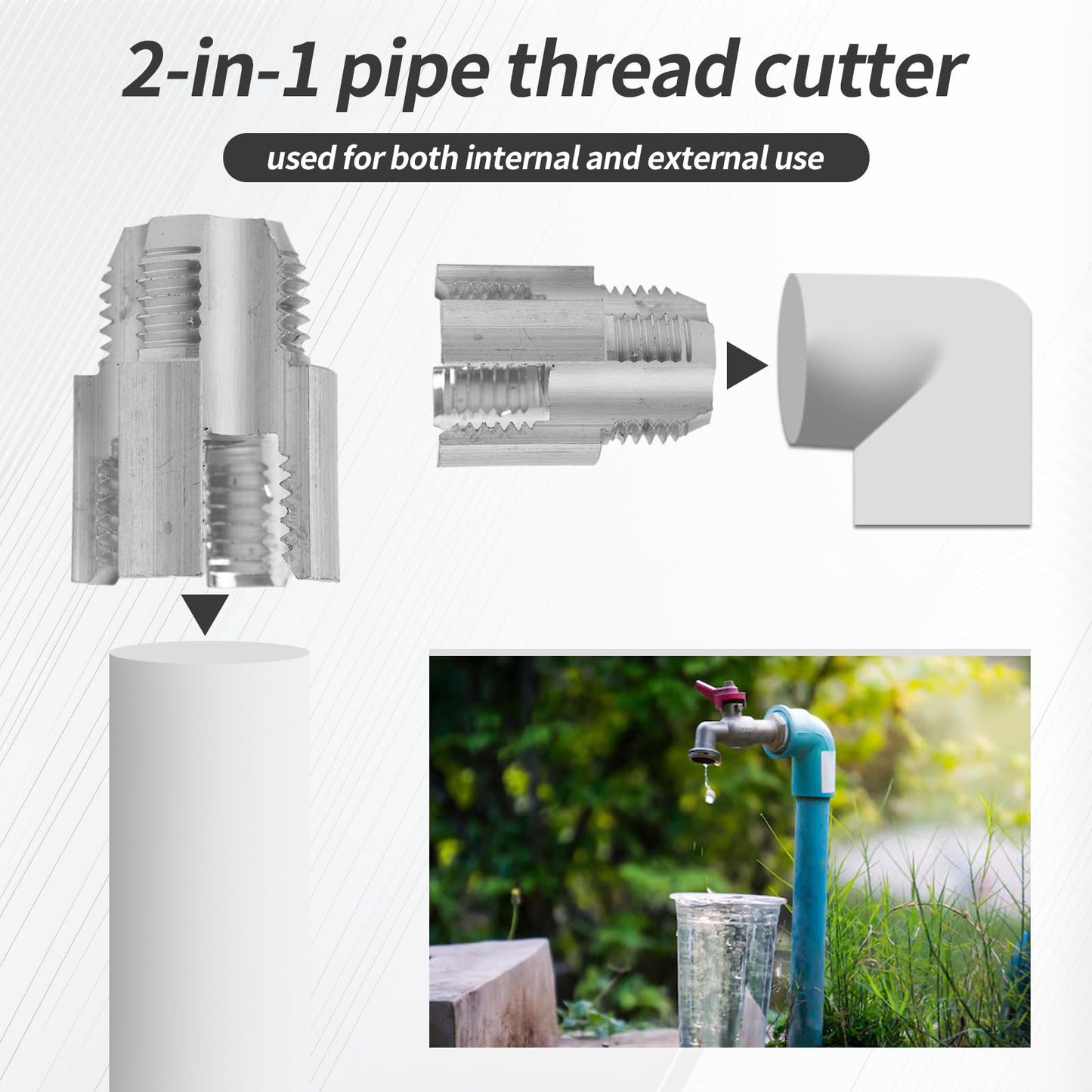 2pcs Integrated Internal & External Pipe Threading Tool, Alloy Steel 1/2” and 3/4” PVC Pipe Thread Cutting Tool Set with 2 Roll Thread Seal Tapes for Electric Drill