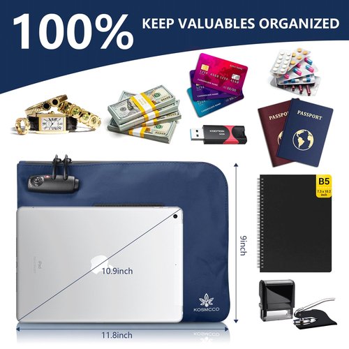 KOSMCCO Money Bag with Lock and Key, 11.8x8.6 Inch Heavy Duty Bank Deposit Bag, Secure Cash Pouch for Valuables, Durable Travel & Business Storage - Navy Blue