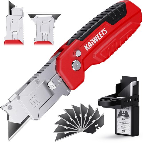 KAIWEETS Utility Knife Scraper, 2-in-1 Folding Box Cutter with Blade Storage, Heavy Duty Zinc Alloy Body, Retractable Design, 12pcs SK2 Black Blades replacement, EDC Tool for Home, Office, DIY– Red