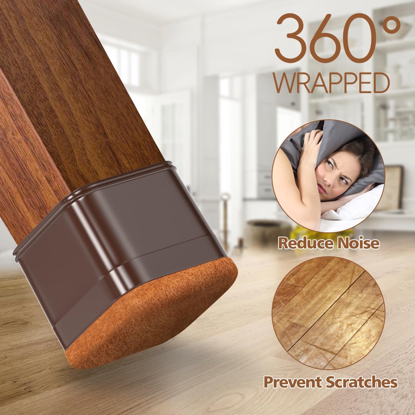 28Pcs Square Chair Leg Floor Protectors with Wrapped Felt Bottom, Silicone Chair Leg Protectors for Hardwood Floors, Chair Legs Cover Prevents Scratches & Reduce Noise (Brown L Fit 1.14"-1.42")