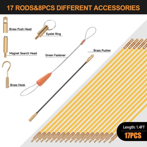 GURADESIGN 23.8FT Fiberglass Running Electrical Wire Cable Glow Rods Wire Pulling, Fish Rods Electrical Kit with 6 Different Attachments and Fish Tape Wire Puller Kit (Yellow)