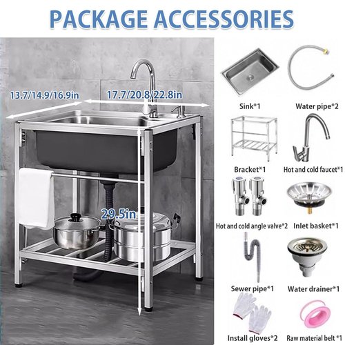 Utility Sink Stainless Steel Free Standing Single Bowl Kitchen Sink, with Cold and Hot Faucet Water Pipe Kit, Drain Basket, Shelf, for Kitchens, Bathrooms, Garage, Laundry Room(22.8 * 16.9 * 29.5in)