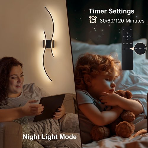 KARTOOSH Battery Operated Wall Sconces Set of Two with Remote Control, Stepless Colors 3000K-6000K & Dimming, LED Black Wireless Wall Light for Living Room, Hallway, Bedroom, 39.3 Inch (2 Pack)