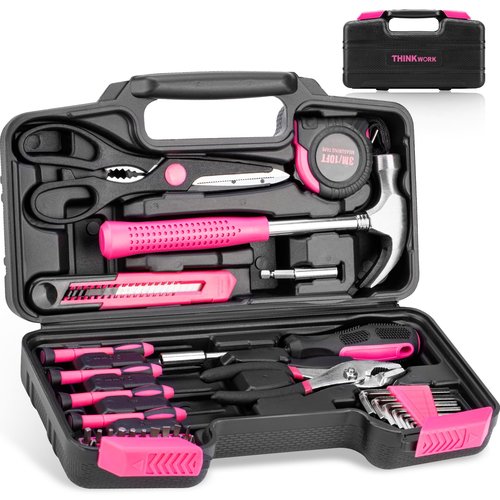 THINKWORK Pink Tool Set - 40 Piece General Household Hand Tool Kit with Storage Toolbox, Small Basic Tool Set Perfect for DIY, Home, Office, Garage and College Dormitory Use - Christmas Gift for Women