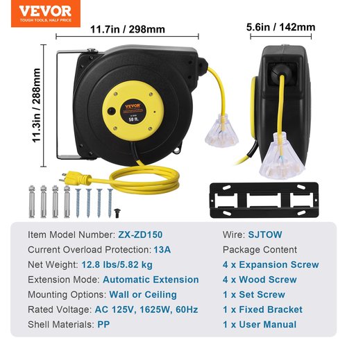 VEVOR Retractable Extension Cord Reel, 50 FT, Heavy Duty 14AWG/3C SJTOW Extension Power Cord with Lighted Triple Tap Outlet, 13A Circuit Breaker 180° Swivel Bracket for Ceiling or Wall Mount, Yellow
