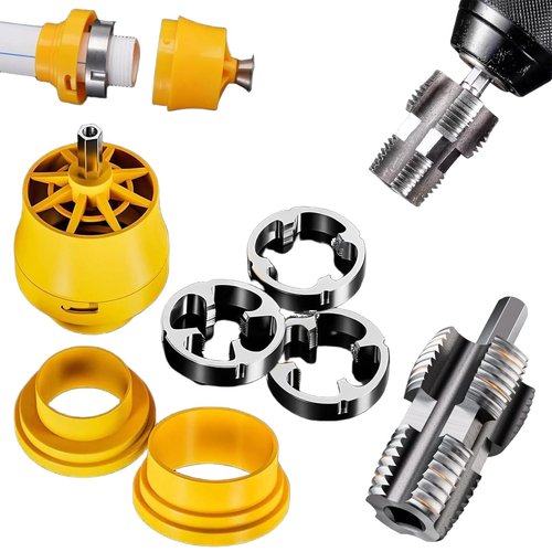 Internal and External PVC Pipe Threader Kit,Integrated Internal & External Pipe Threading Tool,Resuable Plastic Pipe Threader for Drill with 3 Dies, 1/2", 3/4", 1" (Internal+ External)