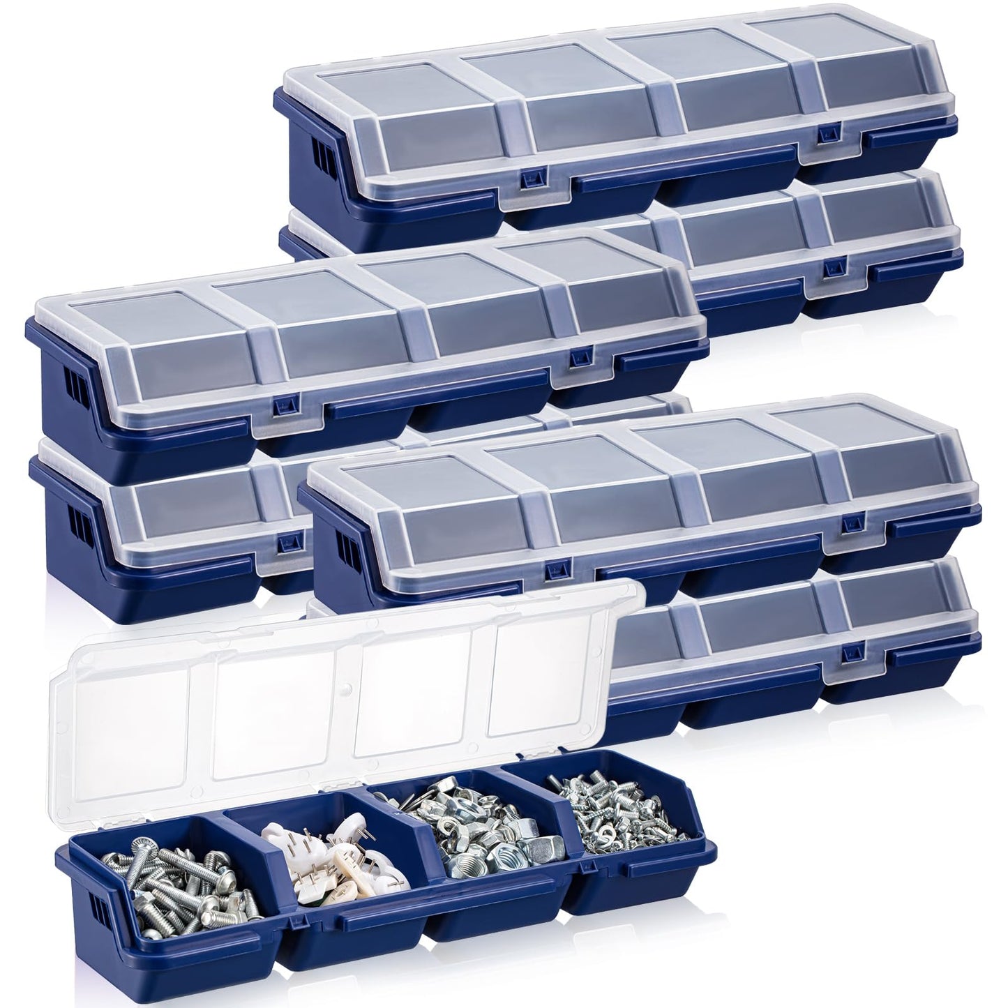 Hushee 6 Pcs Screw Organizer Box with Lid 4 Compartments Small Parts Organizer Plastic Stackable Nut and Bolt Hardware Storage Tool Bin Divider Sorting Screw Box for Workbench Garage (Blue)