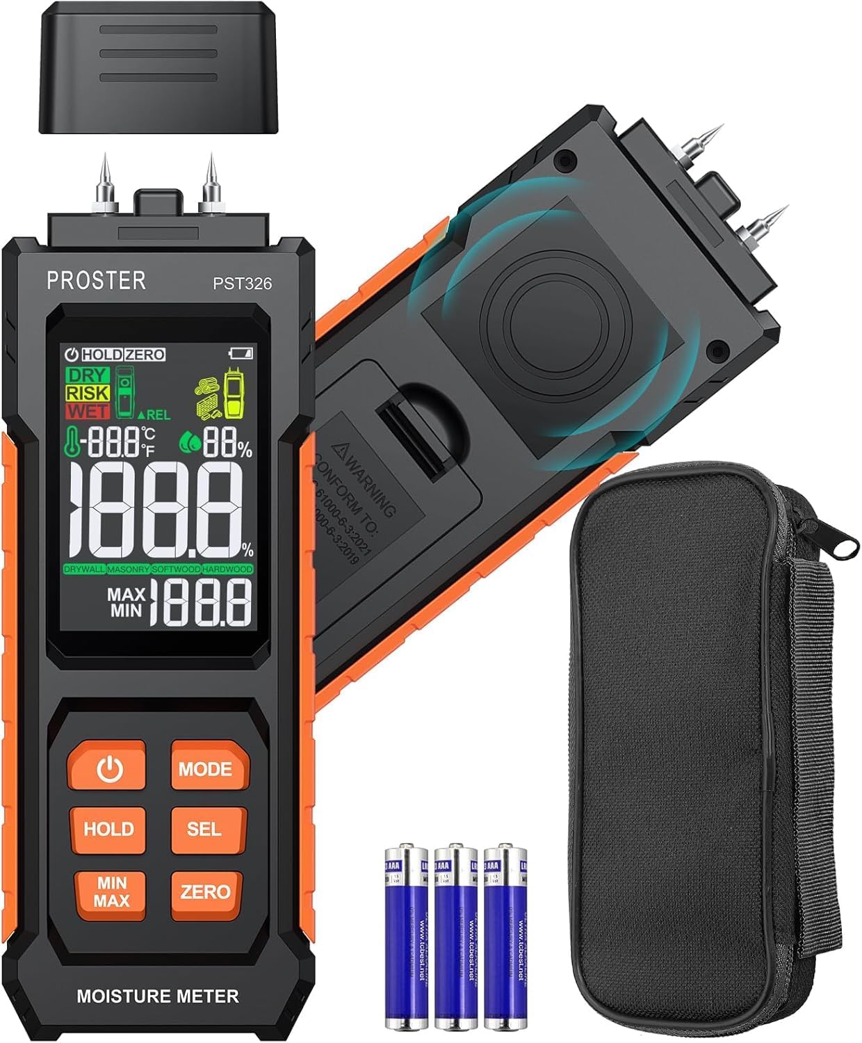 Proster Moisture Meter 2 in 1 Pin & Pinless Moisture Tester Digital LCD Display Dampness Detector for Wood Drywall Masonry Building Materials, Water Leak Detector for Home Inspection, DIY Woodworking