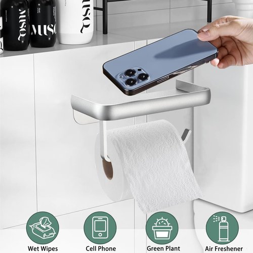 Toilet Paper Holder with Phone Shelf, Adhesive or Screw Wall Mount Toilet Tissue Roll Holder, Rustproof & Multifunctional All Metal Bathroom Storage Dispenser (Silver)