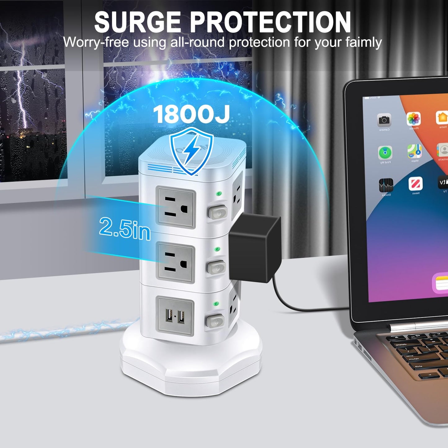 Power Strips Surge Protector 1800J, ODOM Power Strip Tower with 15W Wireless Charger, 13A,4 USB Ports + 10 AC Outlets + 6 Ft Retractable Extension Cord,Plug Outlet Charging Tower for Home Office