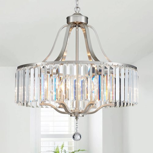 peskoe Modern Crystal Chandeliers Round 6-Light Large Brushed Nickel Pendant Lighting Fixture for Dining Room Living Room Kitchen Island Bedroom Hallway Hall Foyer, 21.7"