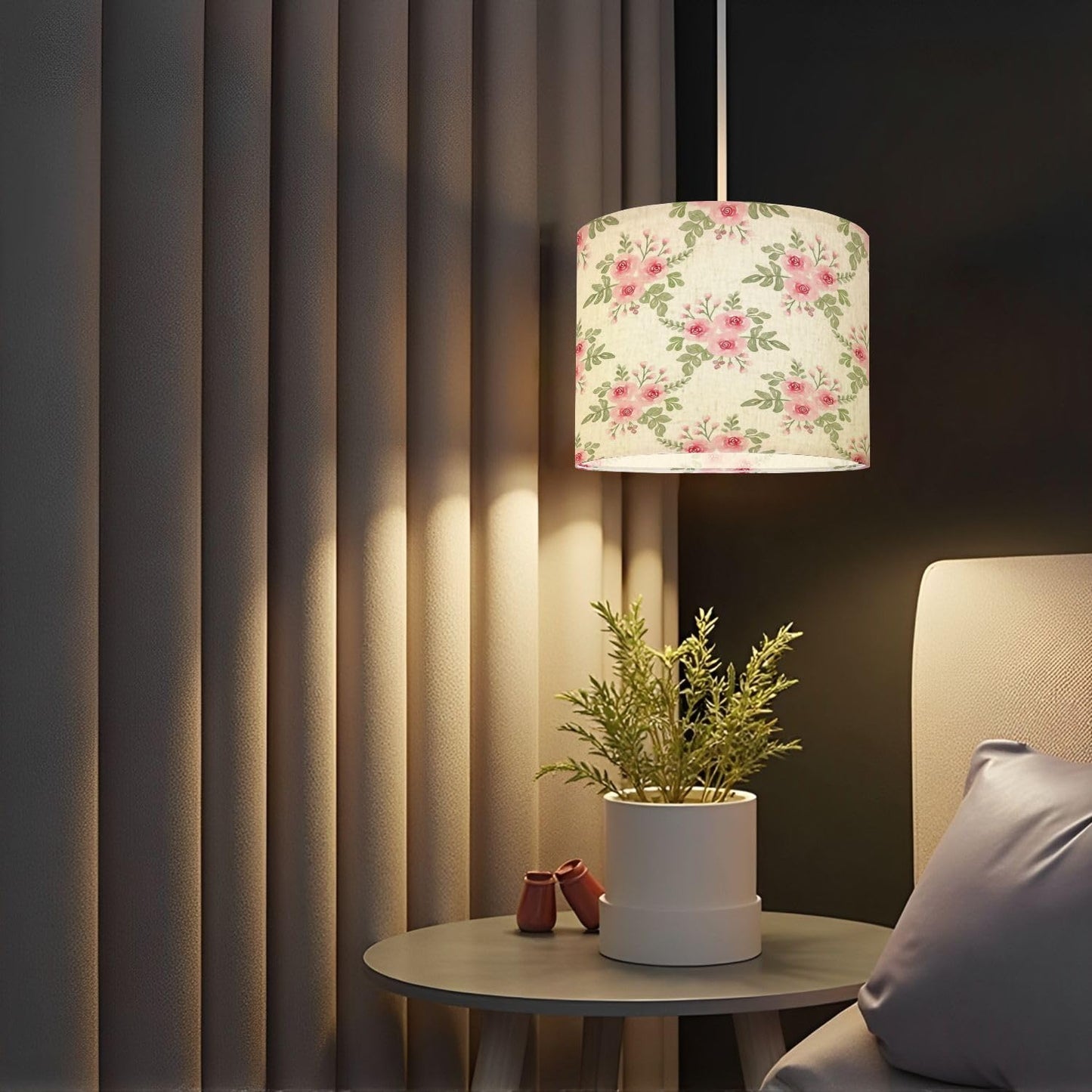 Boho Drum Lamp Shades - 11" x 11" x 8.9" Flower watercolor seamless white Replacement Natural Linen Lampshades for Table Lamps, Floor Lamps Easy Assembly