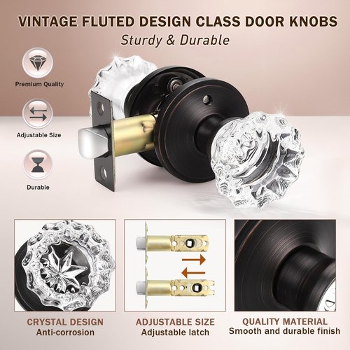 KNOBWELL Glass Door Knobs in Oil Rubbed Bronze Finish, Interior Crystal Door Knob for Bedroom Bathroom, Keyless Privacy Door Knob with Lock, 1 Pack