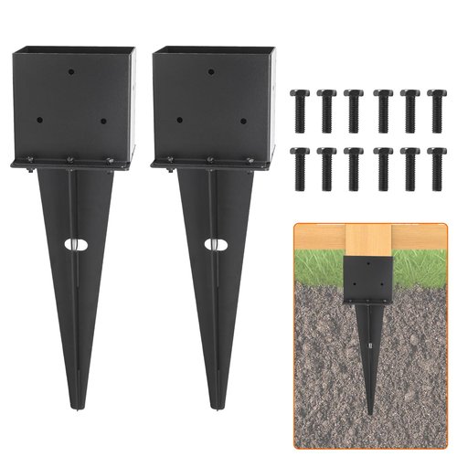 2 Set 4"x 6" Fence Post Anchor Ground Spike, 22" Heavy Duty Metal Fence Stake Post Bases (Inner Size 3.6"x5.6") with Black Powder Coated for Fence, Deck, Railing, Mailbox and Porch