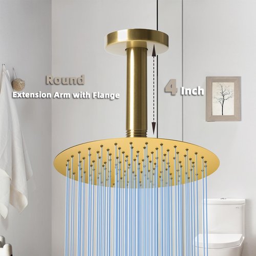 Shower Arm with Flange,4 Inch Ceiling Mounted Shower Arm for Fixed Shower Head,Bathroom Round Shower Replacement Arm,Stainless Steel Straight NPT 1/2 Inch Shower Pipe Arm, Brushed Gold
